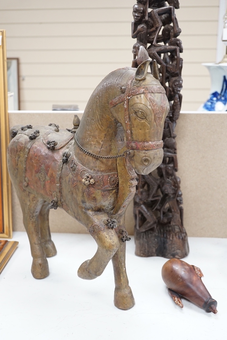 Two tribal carvings and a metal overlaid horse, horse 8 cms wide x 50 cms high.